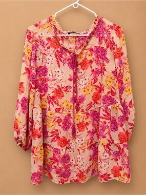 Unique Spectrum Pink & Yellow Floral Tie-Neck Tunic